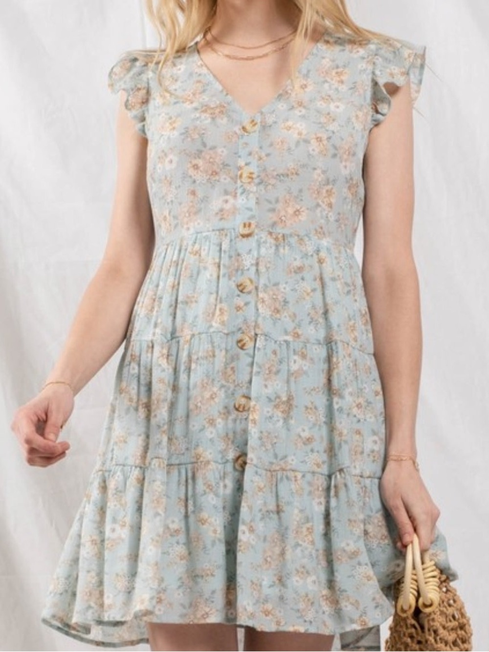 Mine Homestead Gal Dress -  Blue Floral Tiered Button-Front Dress, size large